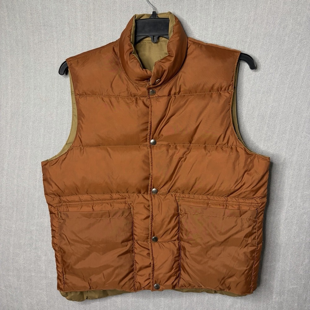 Vtg JC Penney Down Fill Puffer Vest Beige Snap Button 70s 80s USA Made Mens M